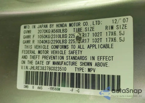 2008 Honda Cr-V Lx z USA, uszkodzony, nr VIN JHLRE38378C023510